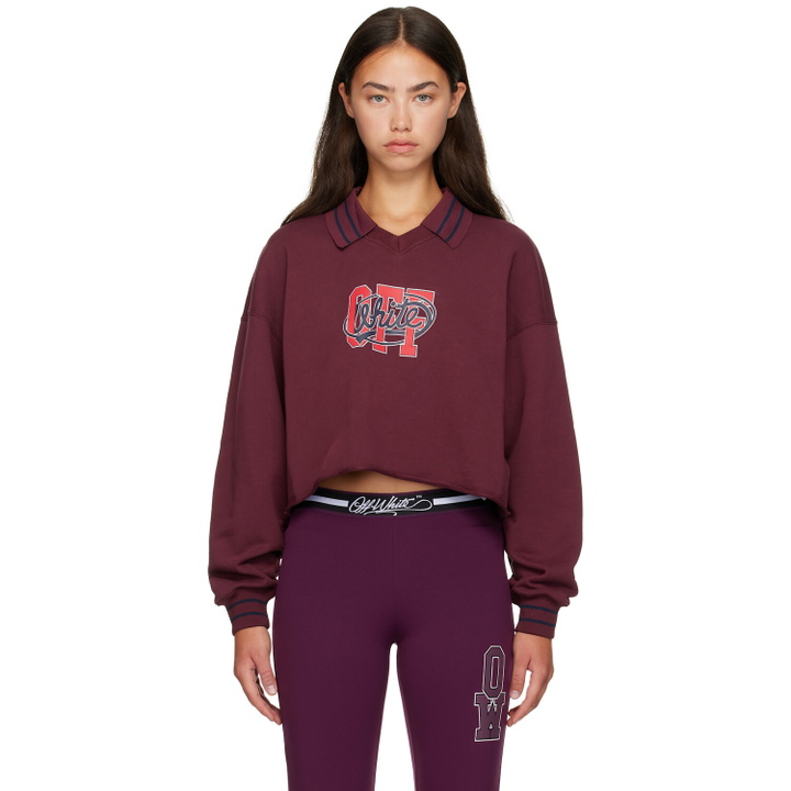 Photo: Off-White Burgundy 'Off' College Crop Polo Sweatshirt