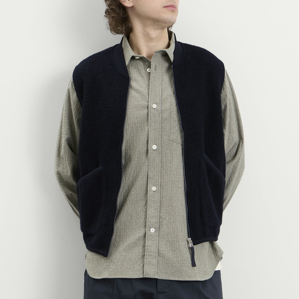 Universal Works Men's Wool Fleece Zip Waistcoat in Navy