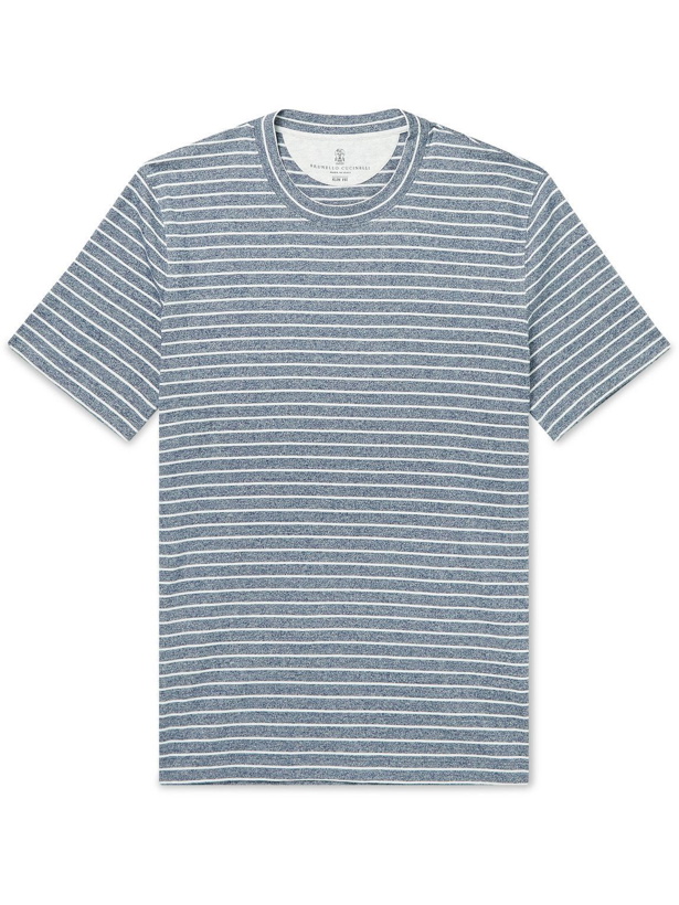 Photo: Brunello Cucinelli - Striped Cotton and Linen-Blend Jersey T-Shirt - Blue
