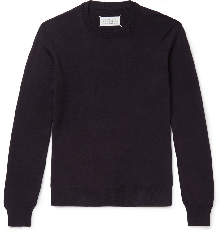 Photo: Maison Margiela - Suede Elbow-Patch Cotton and Wool-Blend Sweater - Navy