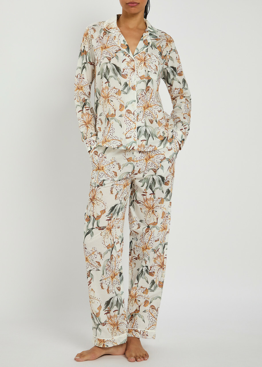Desmond & Dempsey Floral-printed Cotton Pyjama set Cream