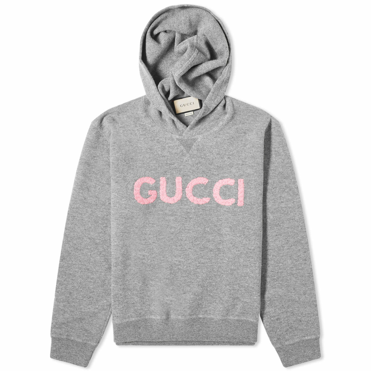 Photo: Gucci Men's Intarsia Logo Knit Hoodie in Grey/Pink