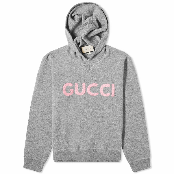 Photo: Gucci Men's Intarsia Logo Knit Hoodie in Grey/Pink
