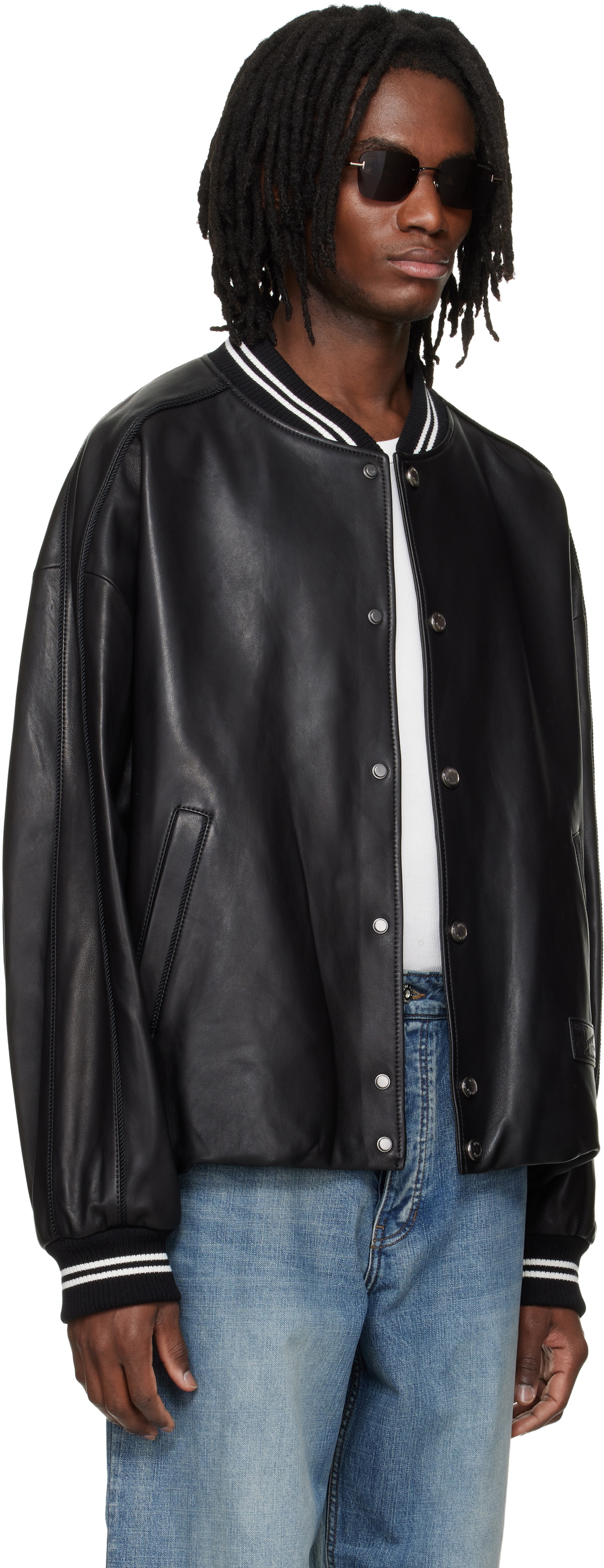 WOOYOUNGMI Black Leather Baseball Jacket