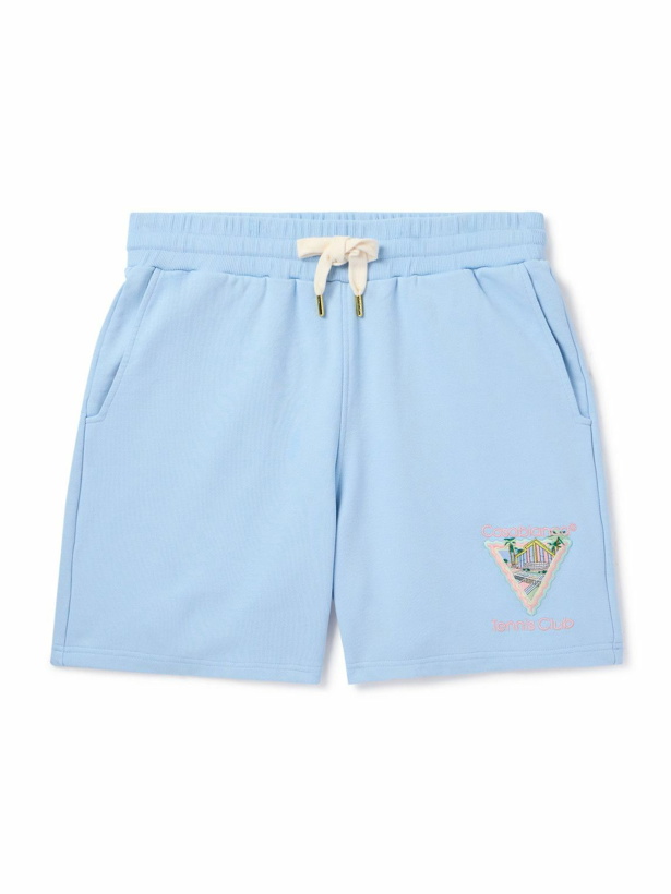 Photo: Casablanca - Maison De Reve Straight-Leg Logo-Embroidered Cotton-Jersey Shorts - Blue