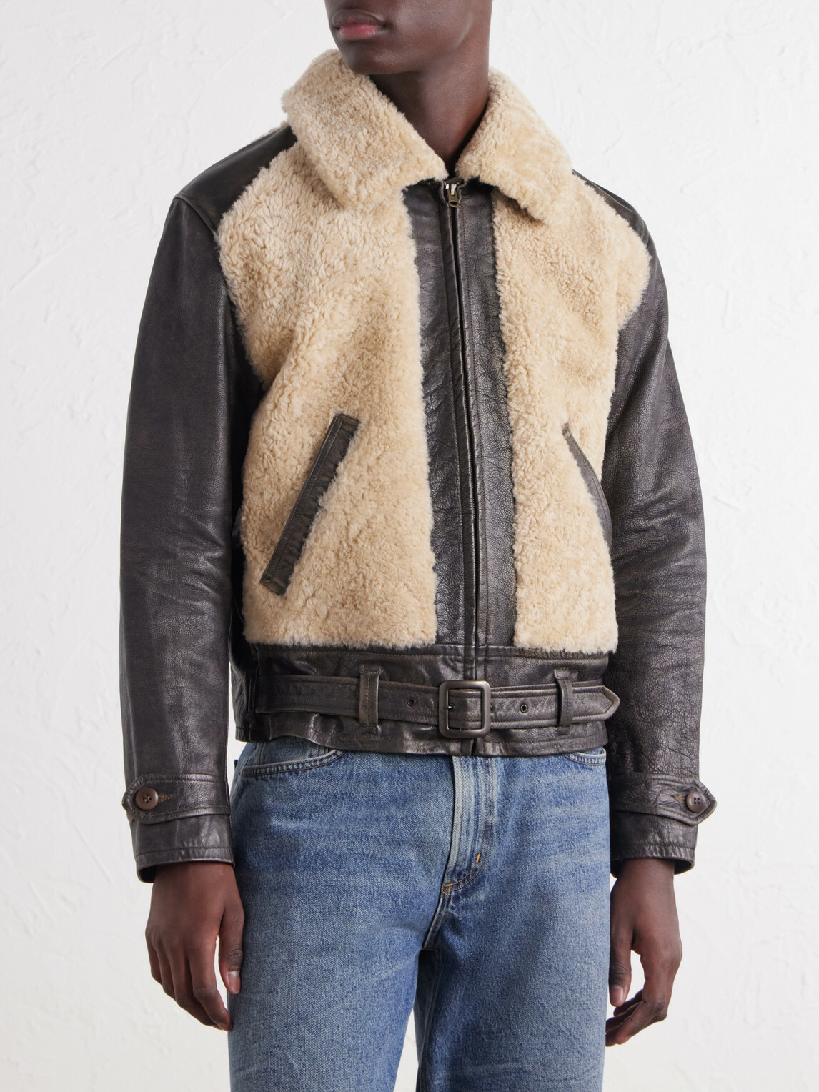 RRL - Geronimo Belted Shearling-Trimmed Leather Jacket - Brown