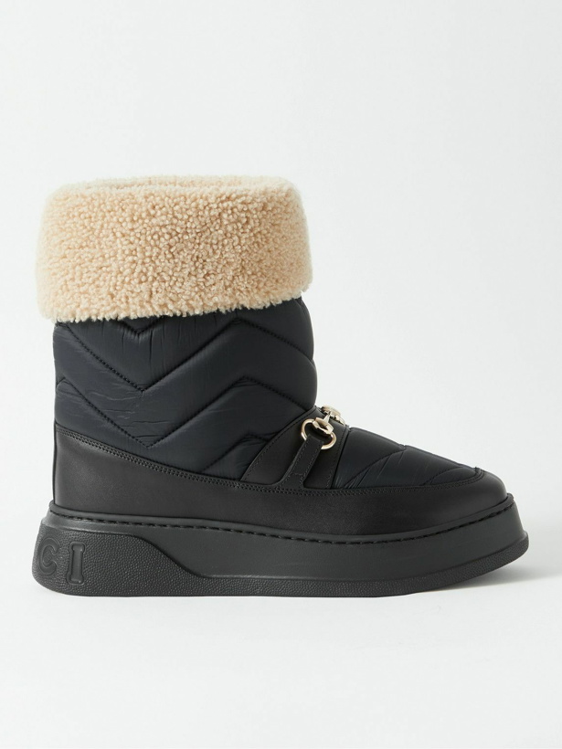 Photo: GUCCI - Horsebit Shearling-Trimmed Quilted Nylon and Leather Boots - Black