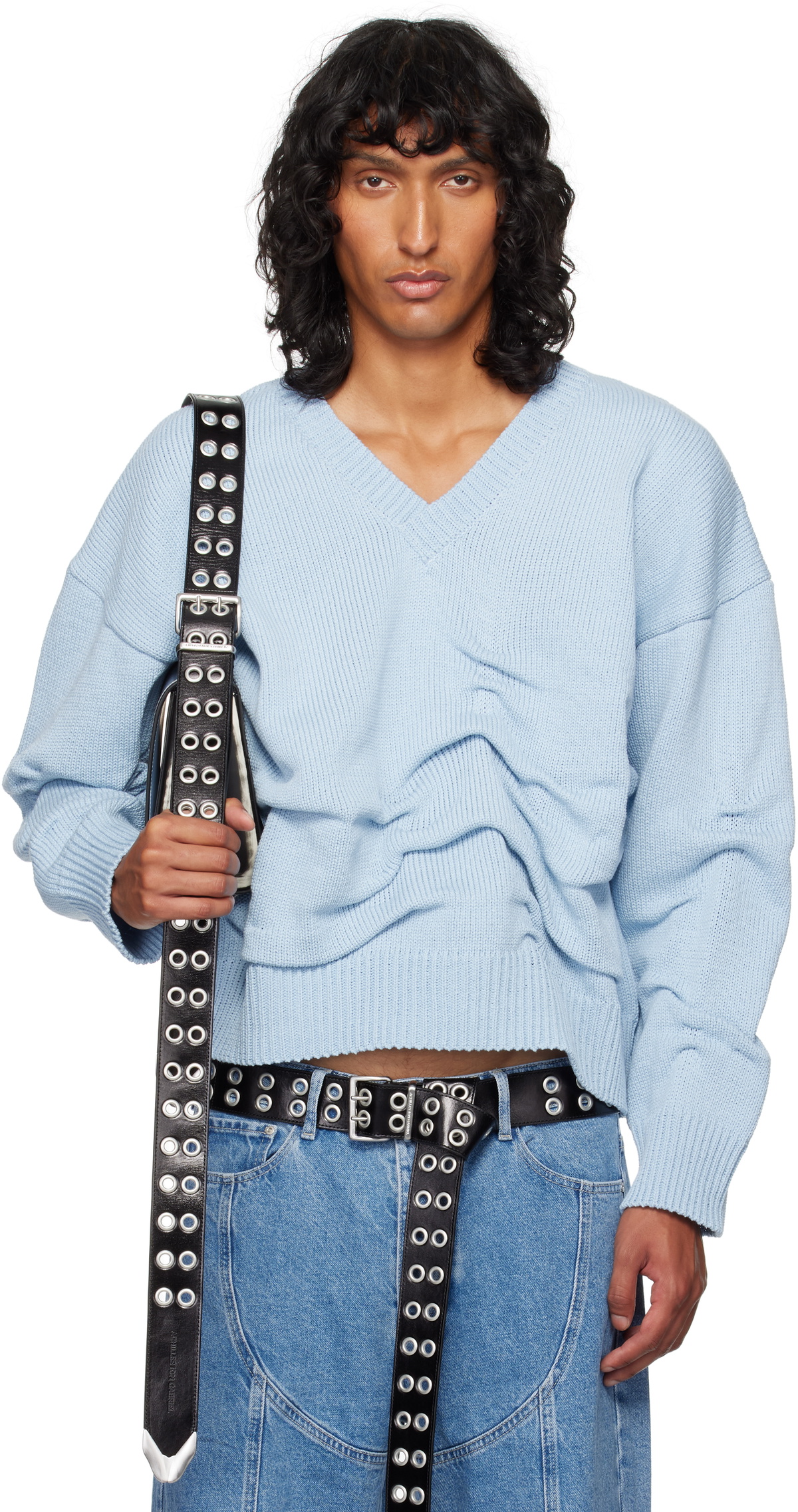 Achilles Ion Gabriel Blue Rollover Cotton Knit Sweater