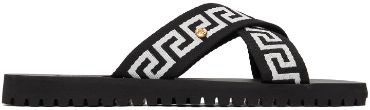 Photo: Versace Black & White Nastro Greca Cross Strap Sandals