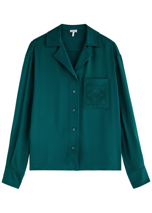 Photo: Loewe Anagram-embroidered Silk-satin Blouse Green Dark