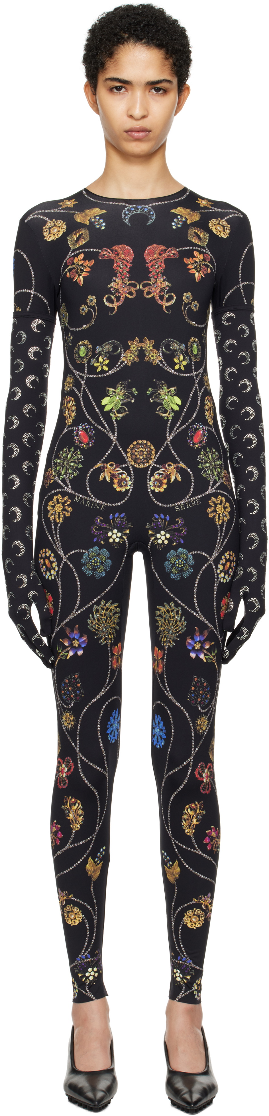 Marine Serre Black Floral Jewelry Printed Jersey Bodysuit