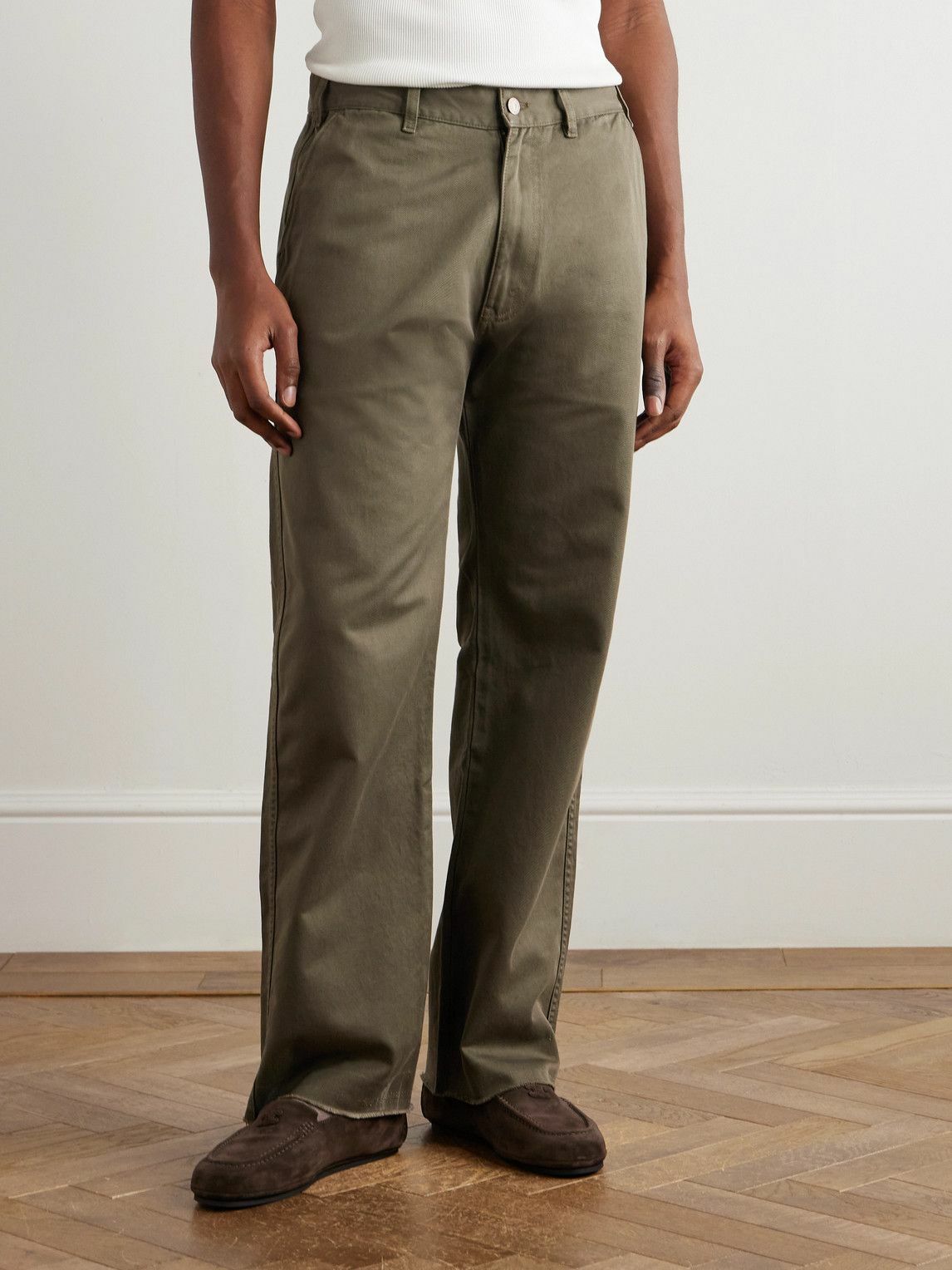 CELINE - Straight-Leg Distressed Cotton-Twill Chinos - Green