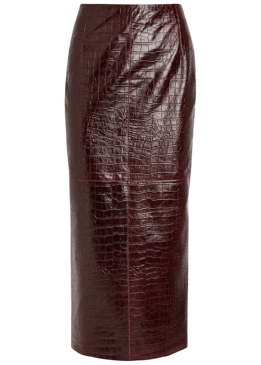 Nour Hammour Elyse Crocodile-effect Leather Midi Skirt Black