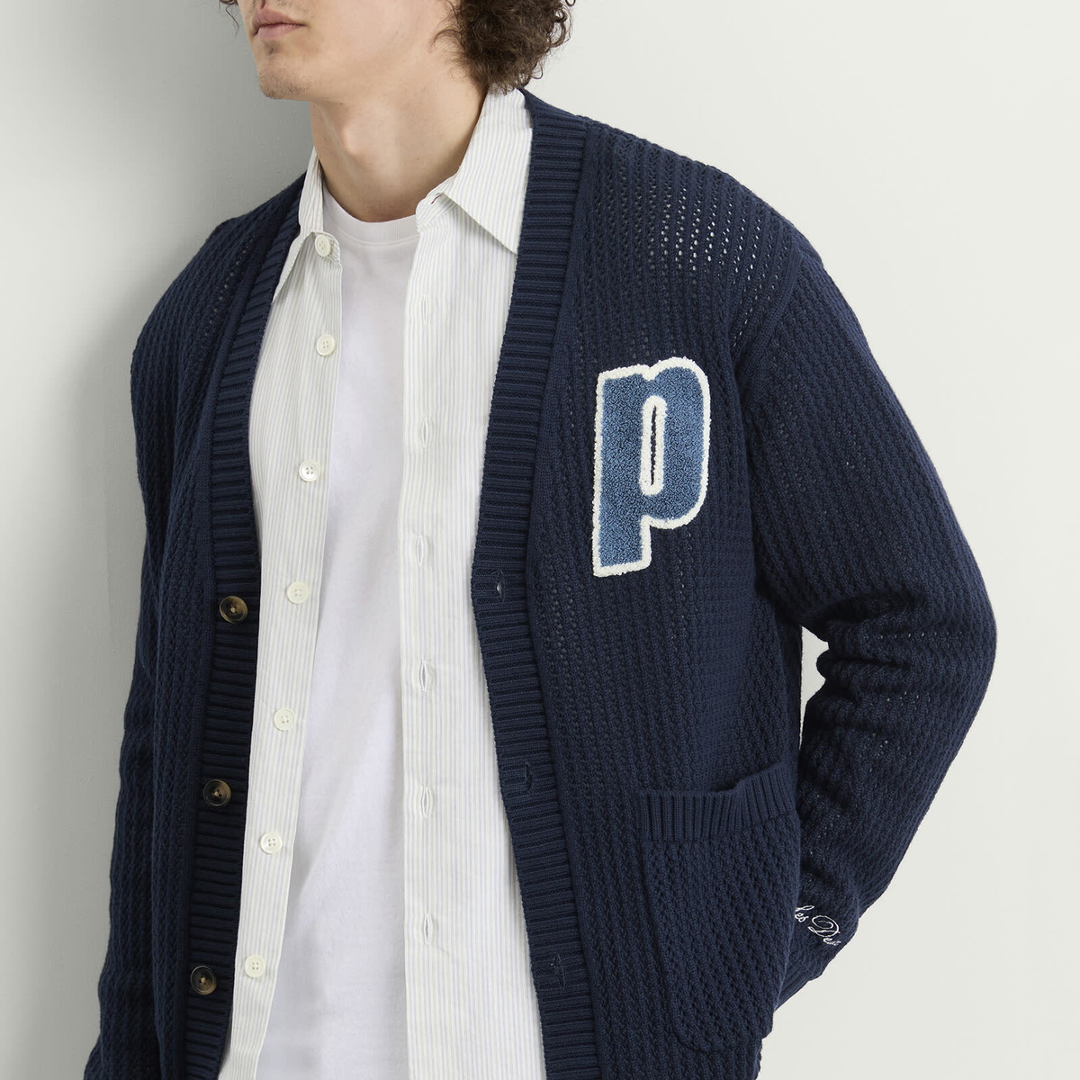 Les Deux Men's Prince Lace Knitted Cardigan in Dark Navy
