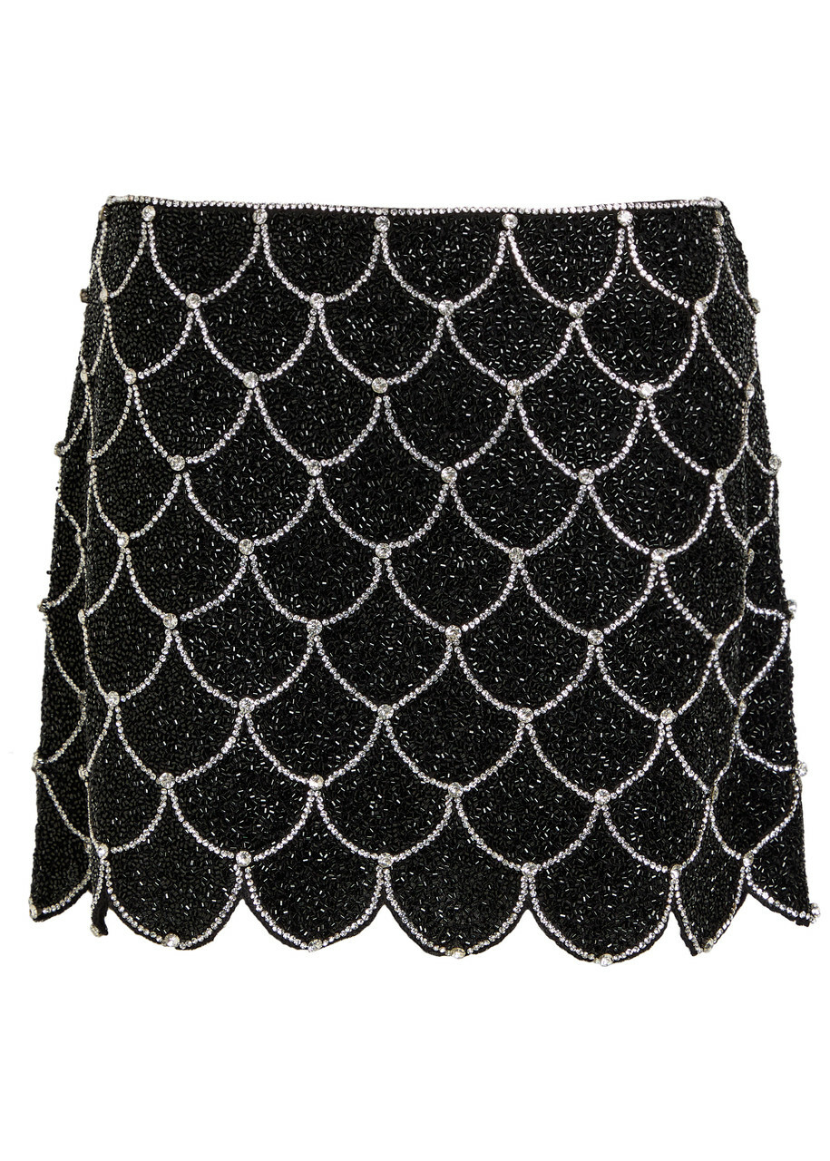 Alice + Olivia Rubi Embellished Scalloped Stretch-mesh Mini Skirt Black And Silver