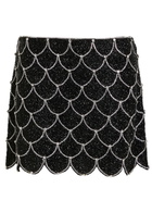Alice + Olivia Rubi Embellished Scalloped Stretch-mesh Mini Skirt Black And Silver