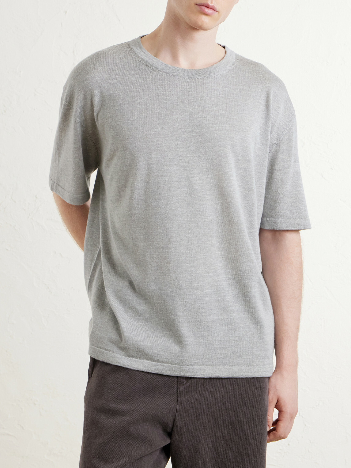 The Elder Statesman - Lenny Ribbed Wool, Silk and Linen-Blend T-Shirt - Gray