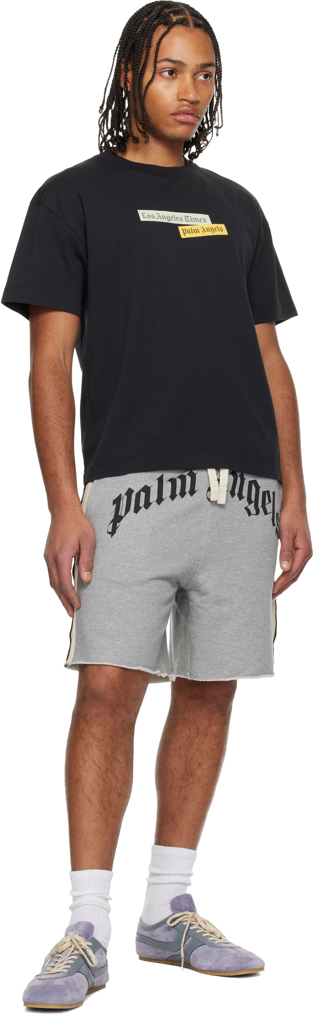 Palm Angels Gray Curved Logo Track Sweat Shorts