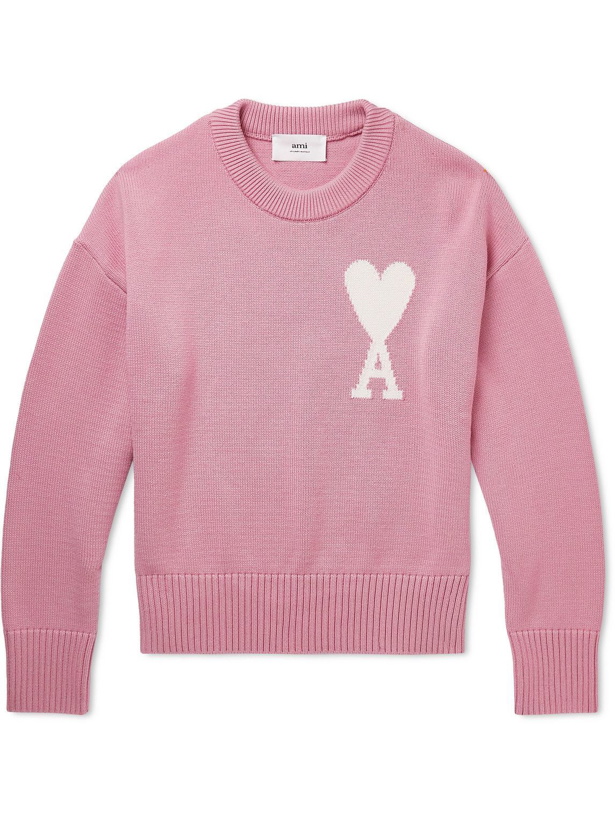Photo: AMI PARIS - Logo-Intarsia Organic Cotton and Wool-Blend Sweater - Pink