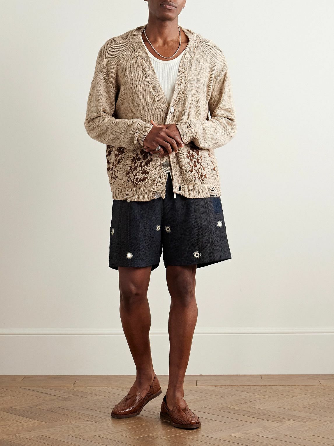 Kartik Research - Distressed Intarsia Kala Cotton Cardigan - Neutrals