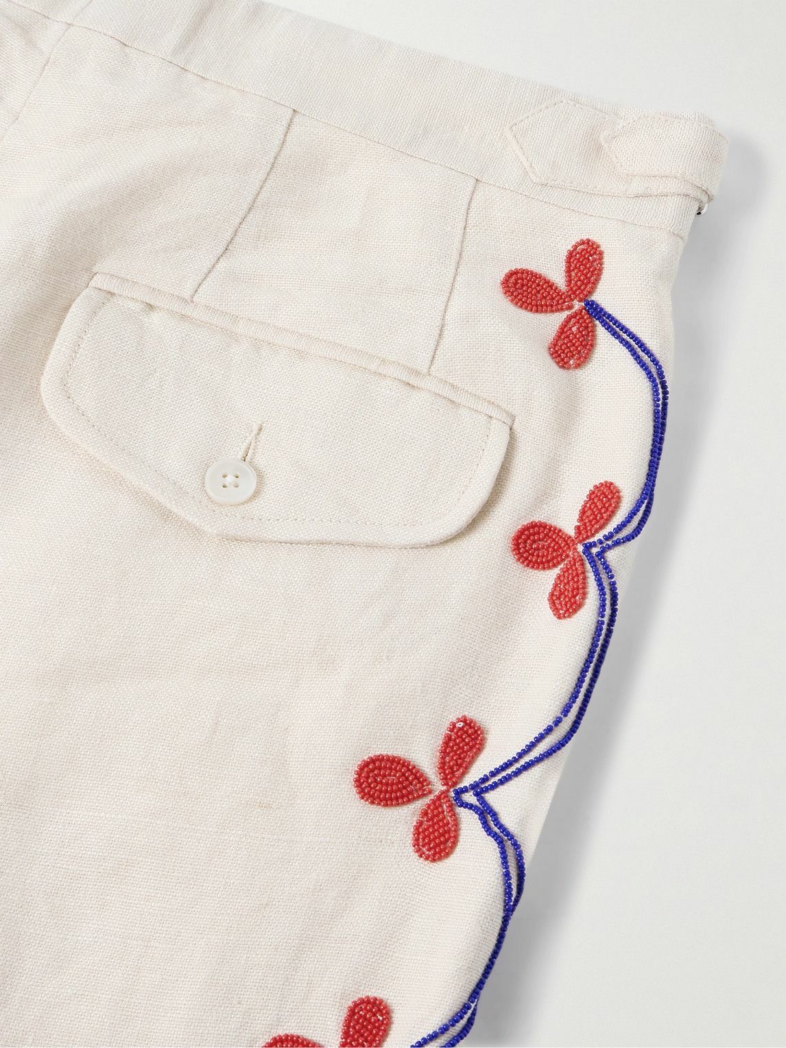 BODE - Garden Party Straight-Leg Bead-Embellished Linen Trousers - Neutrals