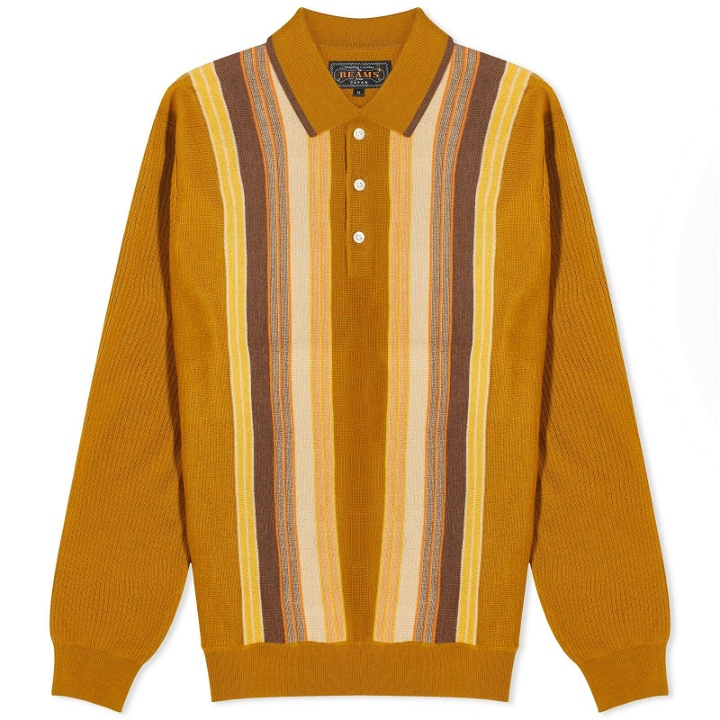 Photo: Beams Plus Men's Stripe Knit Long Sleeve Polo Shirt in Mustard