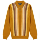 Beams Plus Men's Stripe Knit Long Sleeve Polo Shirt in Mustard