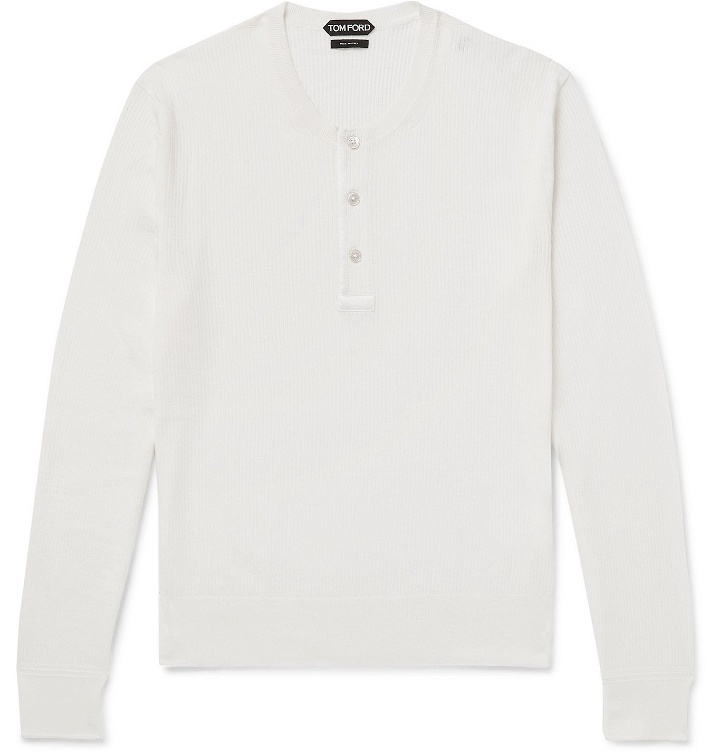 Photo: TOM FORD - Slim-Fit Ribbed Cotton and Silk-Blend Henley T-Shirt - White