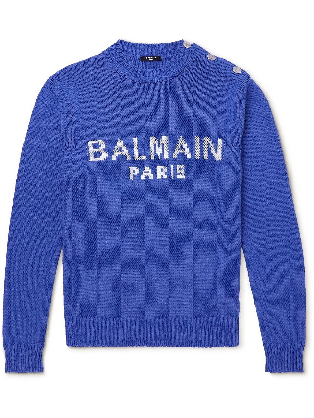 Photo: Balmain - Button-Embellished Logo-Intarsia Cotton-Blend Sweater - Blue