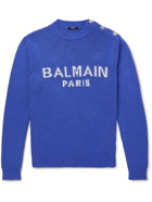 Balmain - Button-Embellished Logo-Intarsia Cotton-Blend Sweater - Blue