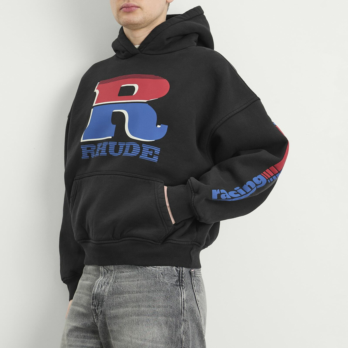 Rhude Men's Split Petrol Logo Hoodie in Vintage Black/Red/Blue