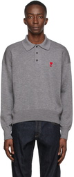 AMI Alexandre Mattiussi Grey Merino Ami de Coeur Knit Long Sleeve Polo