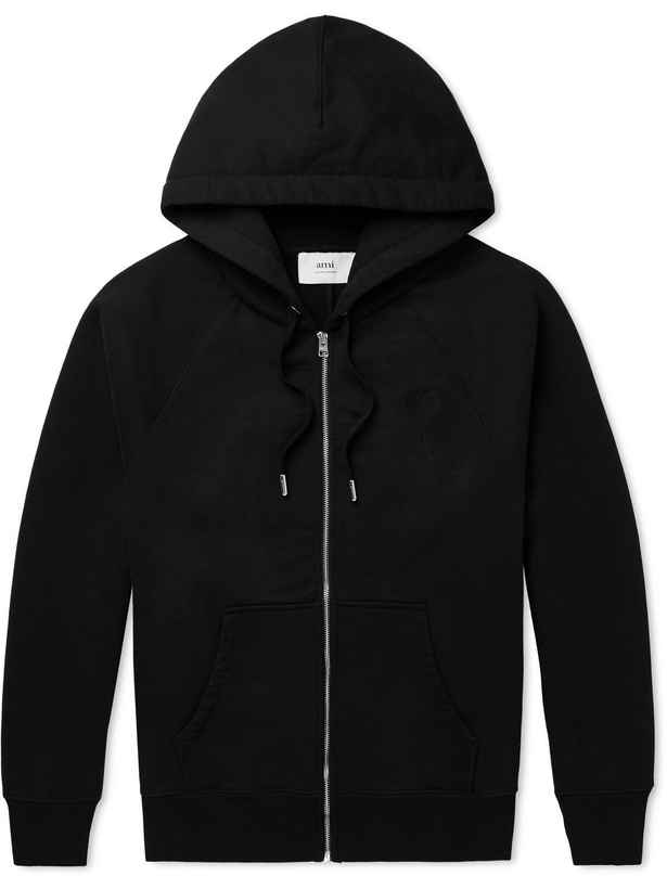 Photo: AMI PARIS - Logo-Embroidered Organic Cotton-Jersey Zip-Up Hoodie - Black