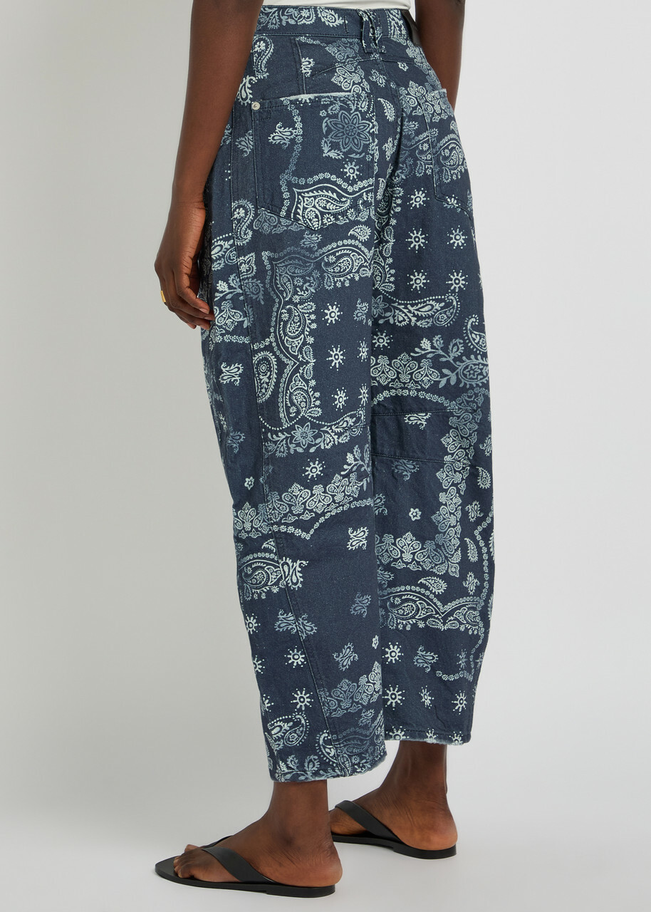 Free People Good Luck Printed Barrel-leg Jeans Blue