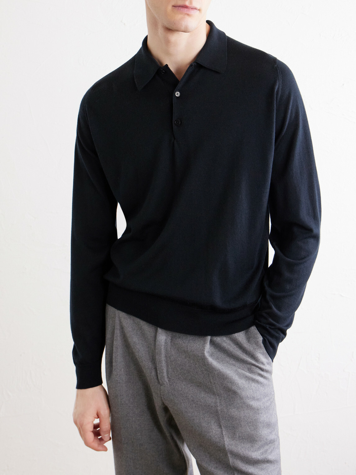 John Smedley - Caverhill Knitted Merino Wool Polo Shirt - Black