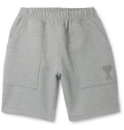 AMI PARIS - Logo-Embroidered Mélange Organic Fleece-Back Cotton-Jersey Shorts - Gray