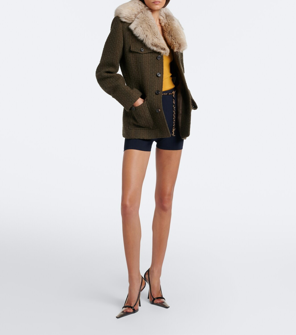 Saint Laurent Shearling-trimmed wool-blend tweed jacket