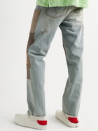 ERL - Straight-Leg Distressed Embroidered Suede-Panelled Jeans - Blue