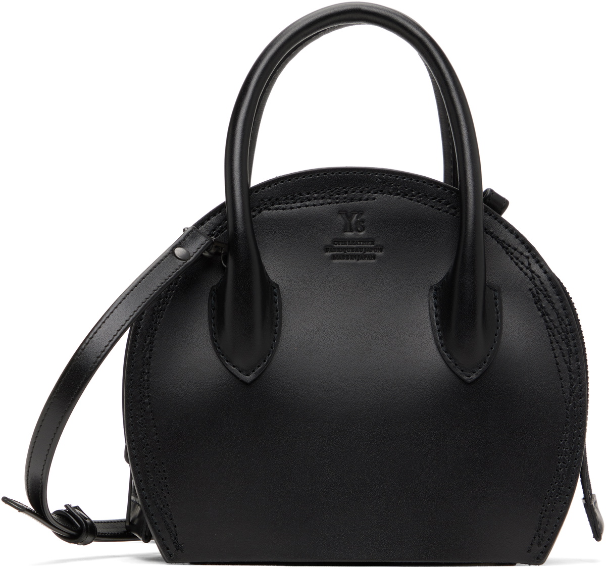 Y's Black Semi-Gloss Leather Chopped Round Bag