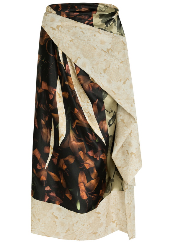 Photo: Maison Margiela Floral-print Asymmetric Silk Midi Wrap Skirt Brown
