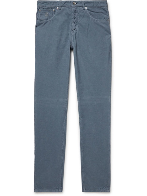 Photo: BRUNELLO CUCINELLI - Slim-Fit Tapered Cotton-Corduroy Trousers - Blue