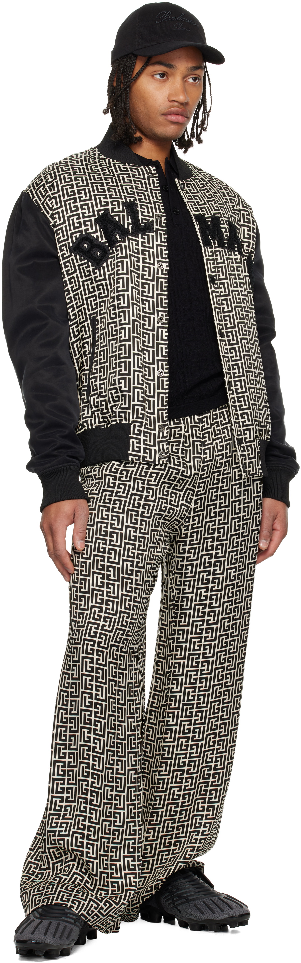 Balmain Black & Off-White Monogrammed Varsity Jacket