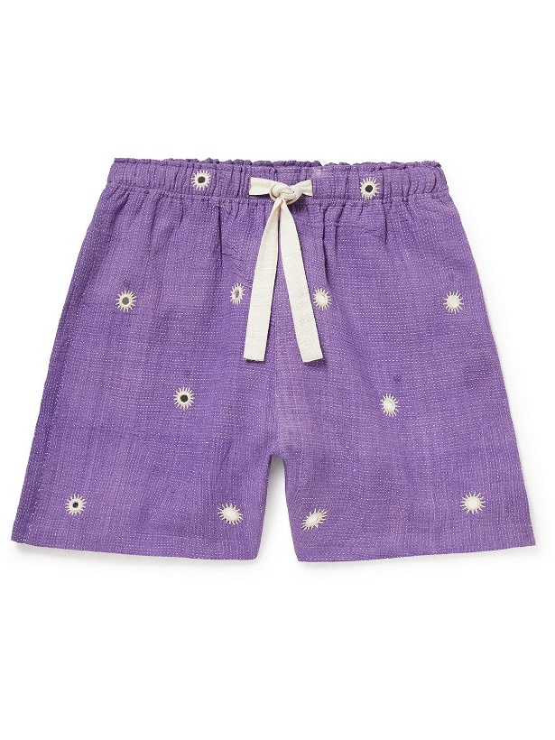 Photo: Karu Research - Wide-Leg Upcycled Embroidered Cotton Drawstring Shorts - Purple