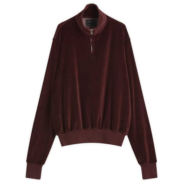Photo: Les Tien Men's Velour Branded Half Zip Yacht Pullover in Washed Red Mahogany