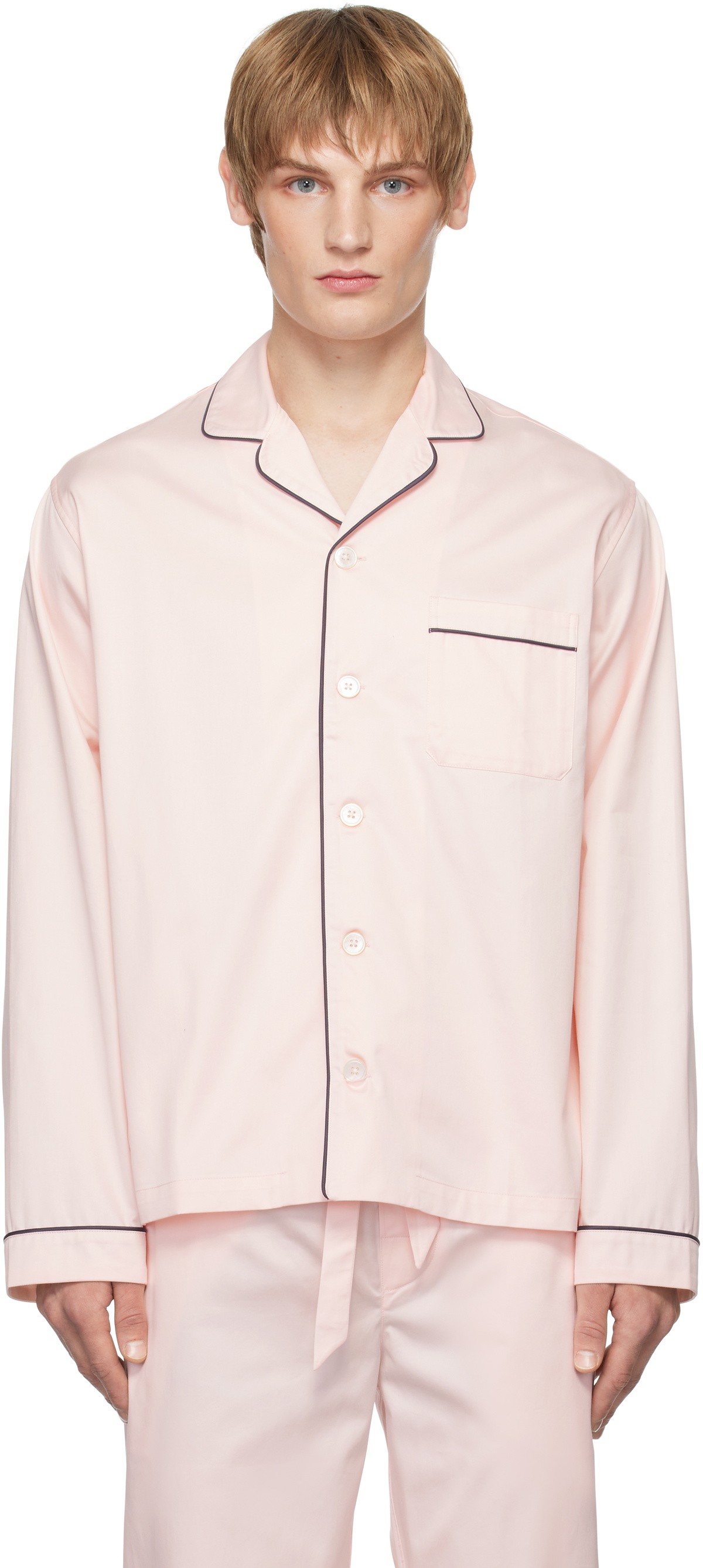 Tekla Pink Sateen Long-Sleeved Pyjama Shirt