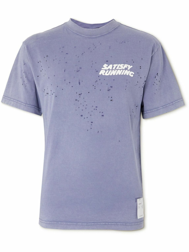 Photo: Satisfy - Distressed Logo-Print MothTech Cotton-Jersey T-Shirt - Blue