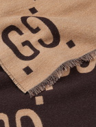 GUCCI - Fringed Logo-Jacquard Brushed Wool and Silk-Blend Scarf - Neutrals