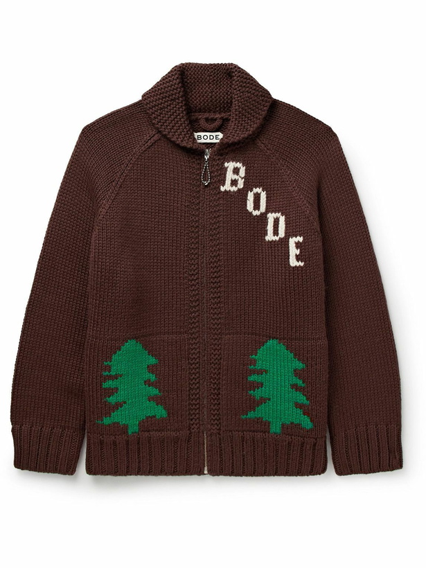 Photo: BODE - Fir Shawl-Collar Intarsia Wool Zip-Up Cardigan - Brown