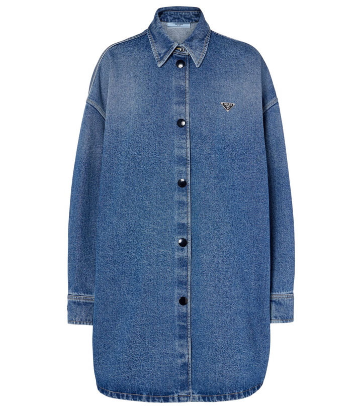 white christmas dresses Prada Mid Blue Denim Oversized Shirt Dress with Triangle Logo Plaque a –  Sellier main image 0