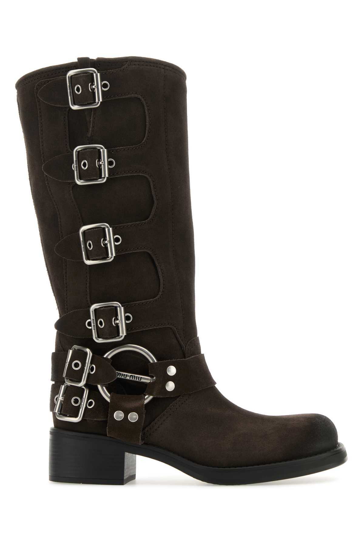 ミドルブーツ MIU MIU  Suede boots with laterali straps Miu Miu buckle-detail Suede Boots | Black | FARFETCH